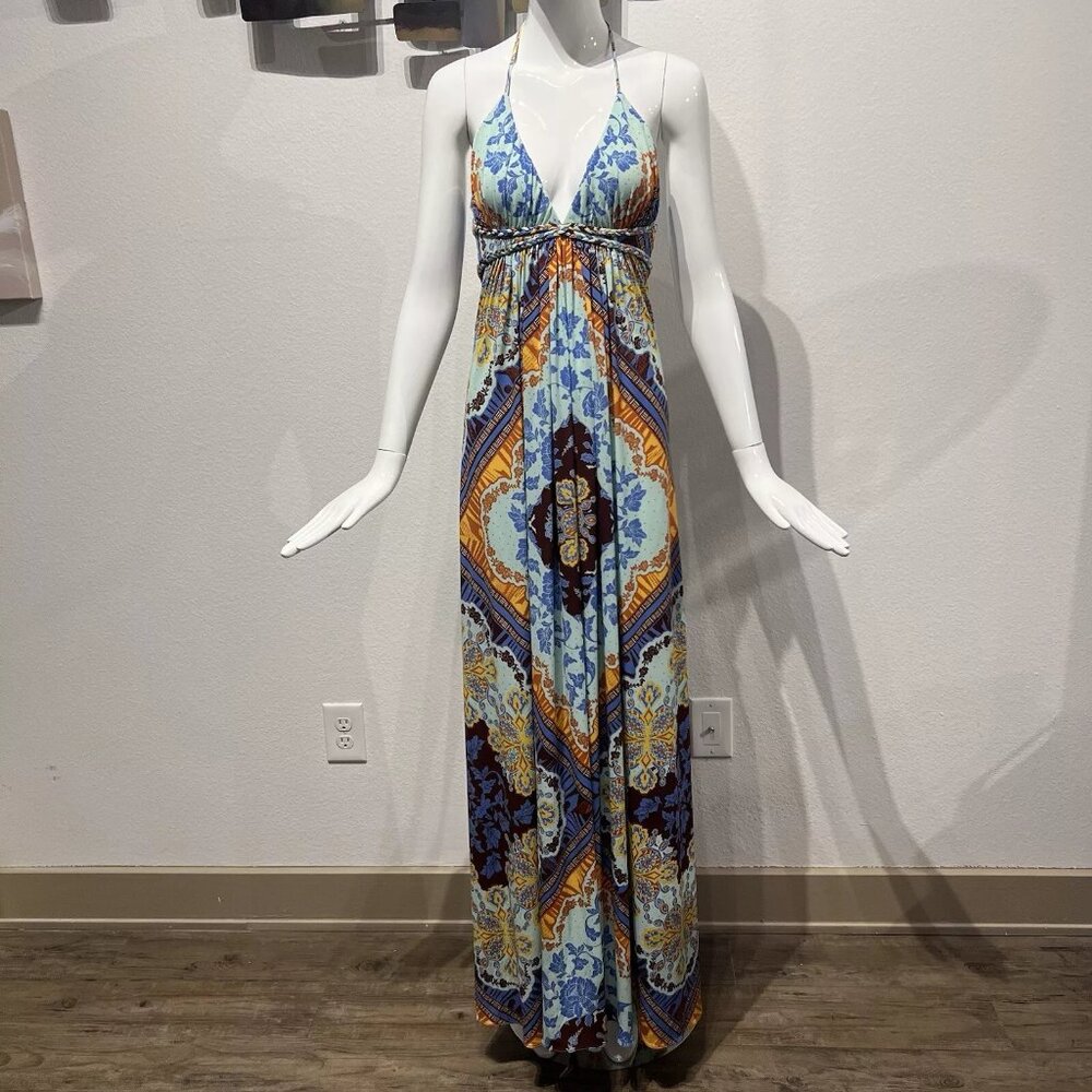 SKY Halter Top Maxi Dress, Slinky Fit Brightly Printed Summer Dress Size Small